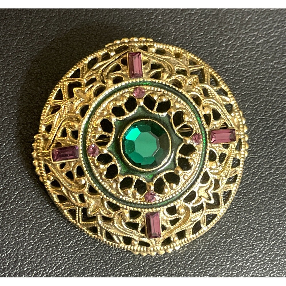 Vintage Filigree Rhinestone Brooch Etruscan Revival Jewelry Gold Tone Bezel